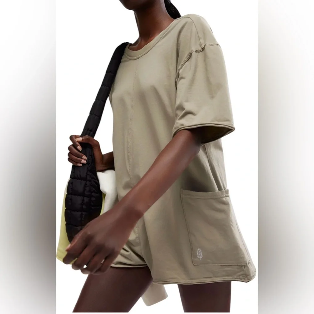 NWT Free People Movement M Hot Shot Tee Romper in Sage Stone Evergreen New